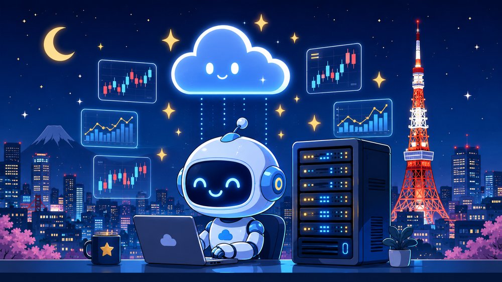 東京のクラウドサーバーで働くロボットのイラスト