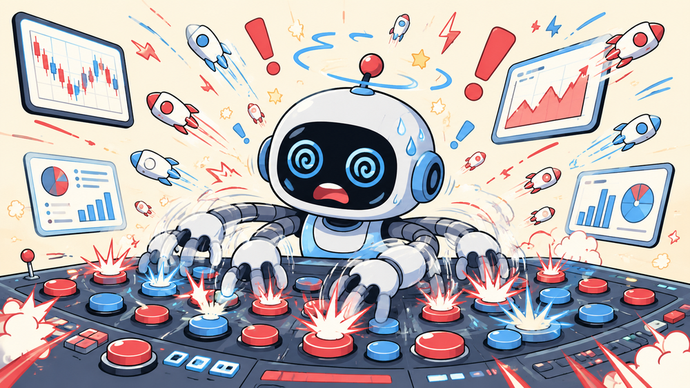 バグで注文を連打して暴走するBotのイラスト