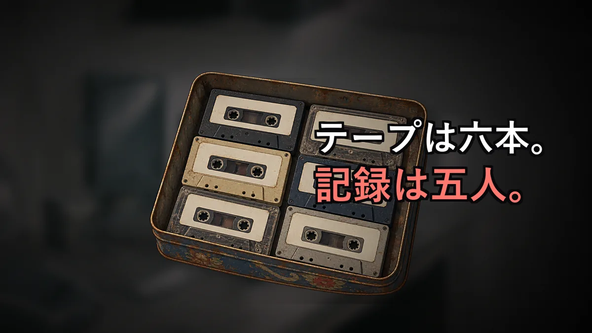 第1話のサムネイル。錆びた菓子缶に入った6本のカセットテープと「テープは六本。記録は五人。」の文字