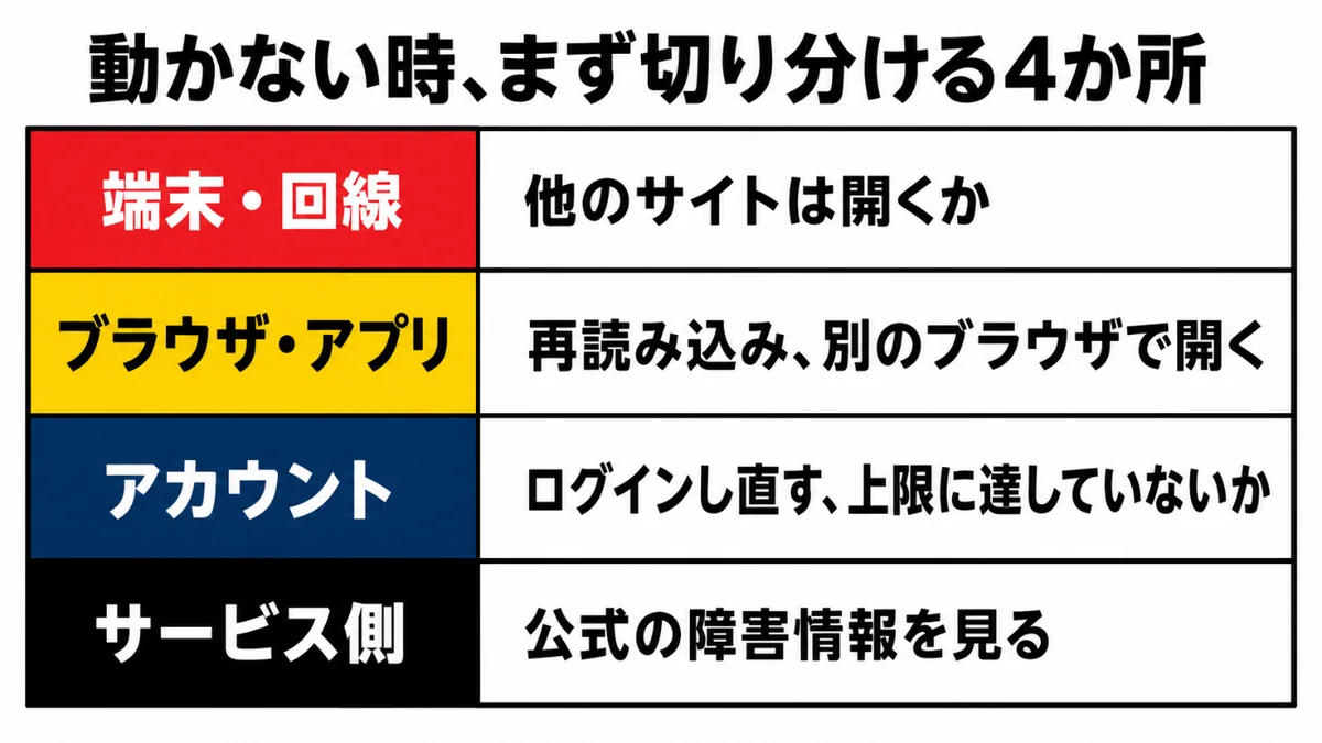 動かない時にまず切り分ける4か所：端末・回線は他のサイトが開くか、ブラウザ・アプリは再読み込みと別ブラウザ、アカウントはログインし直しと上限、サービス側は公式の障害情報